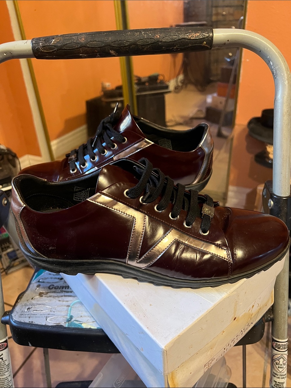 Versace Men's Glossy Burgundy and Black Lace-Up Sneakers